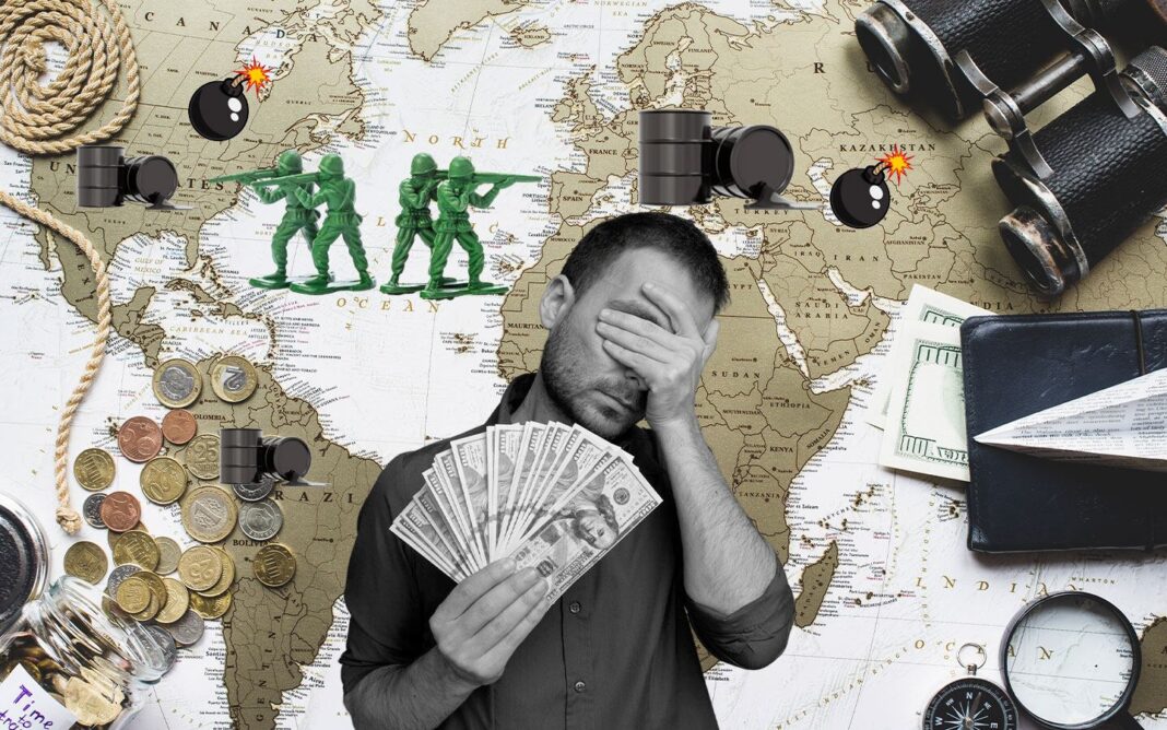 Gráfico financiero mostrando tendencias de bonos, tipos de cambio y precio del petróleo sobre un mapa de Argentina.