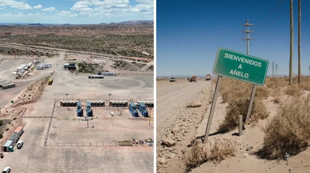 Mapa esquemático de la región de Vaca Muerta en Neuquén, con iconos representando torres de servidores y fuentes de energía.