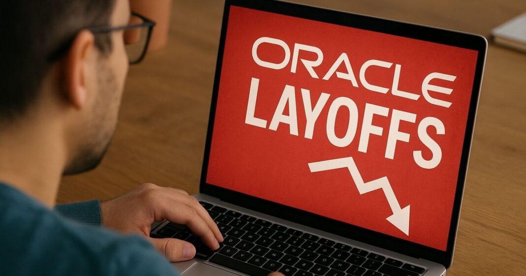Logotipo de Oracle Corporation en una pantalla de ordenador, representando la noticia de despidos masivos.